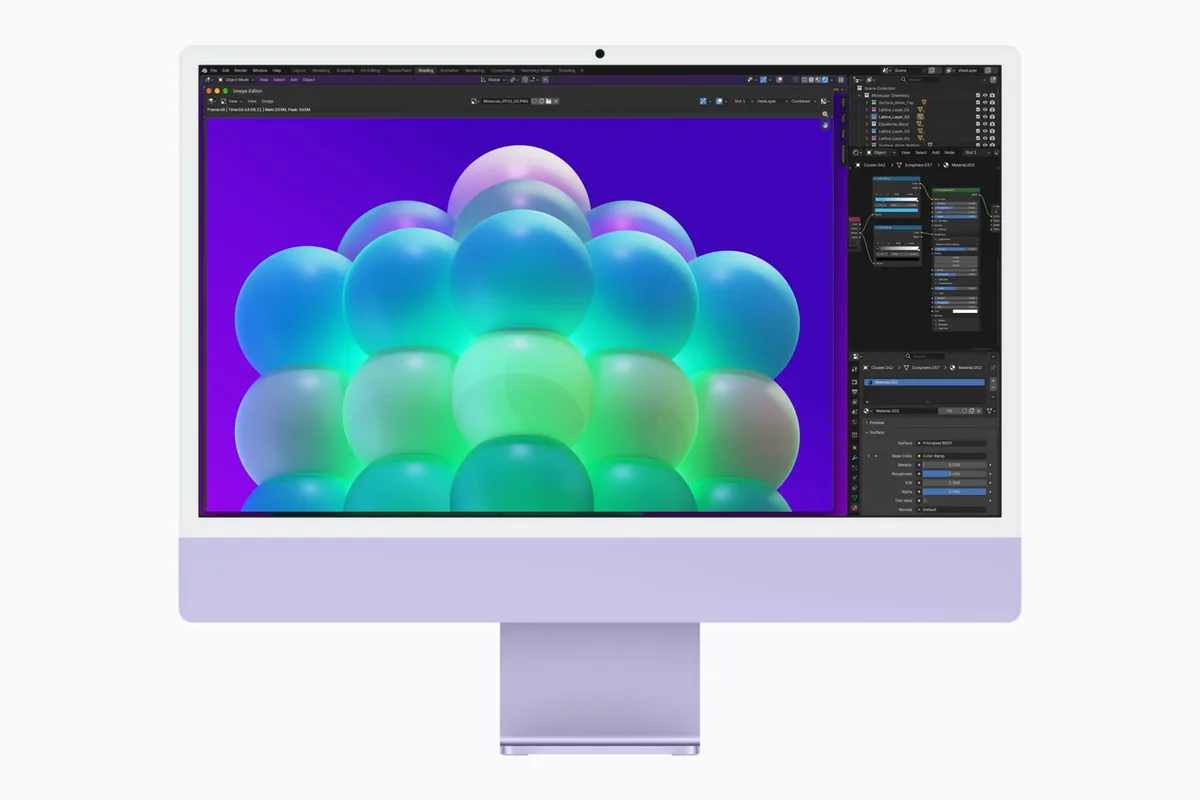 iMac M6 violet affichant un projet de création 3D dans Blender