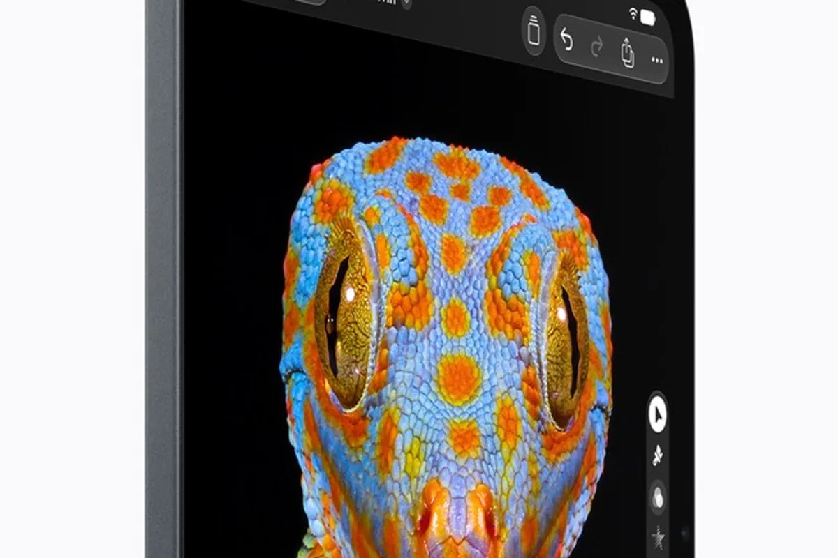 Écran OLED du nouvel iPad mini affichant une photographie détaillée d'un gecko dans Pixelmator Pro