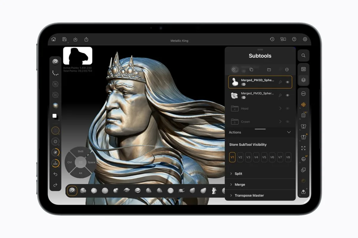 Nouvel iPad mini affichant une scène de sculpture tridimensionnelle dans ZBrush