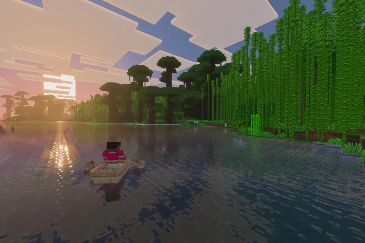 Paysage Minecraft avec reflets sur l'eau et éclairage amélioré par Vibrant Visuals