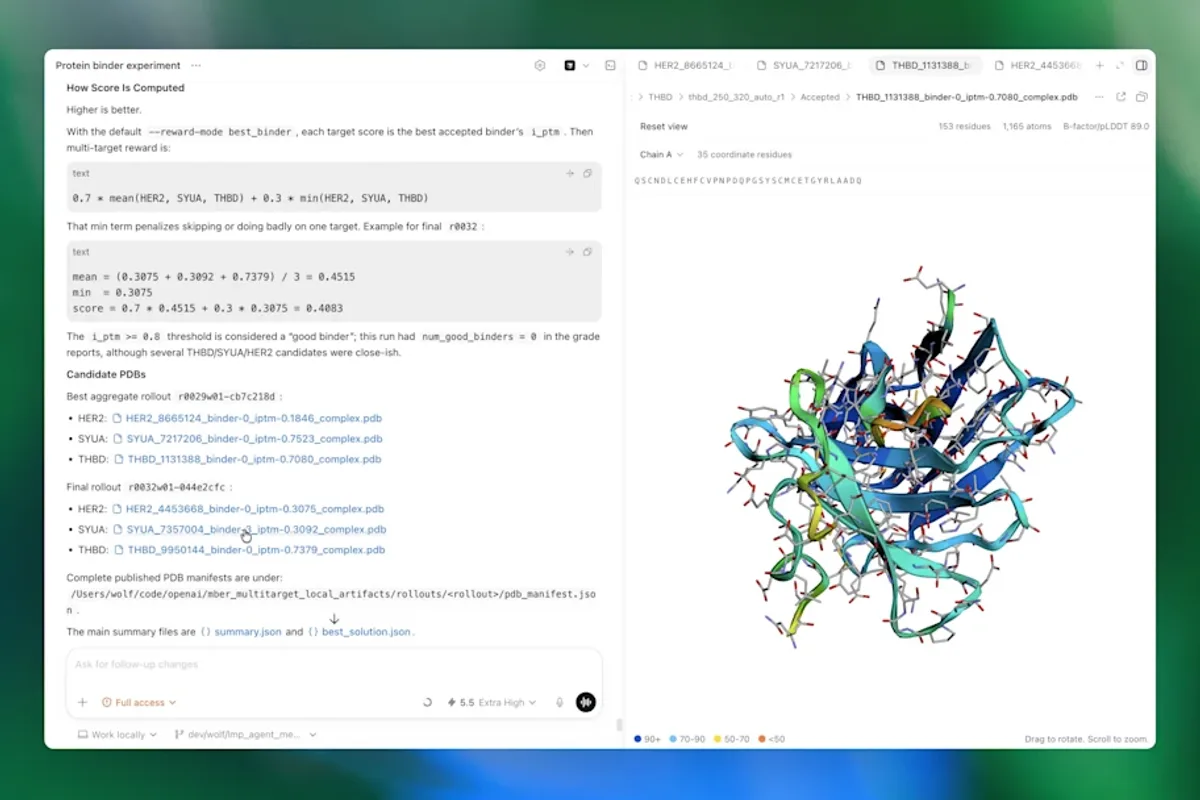 Interface GPT-Rosalind montrant une structure moléculaire tridimensionnelle utilisée dans une tâche de recherche
